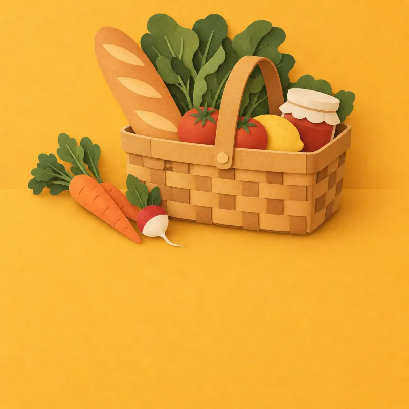 Paper-cut shopping basket with bread, greens, tomatoes and a lemon