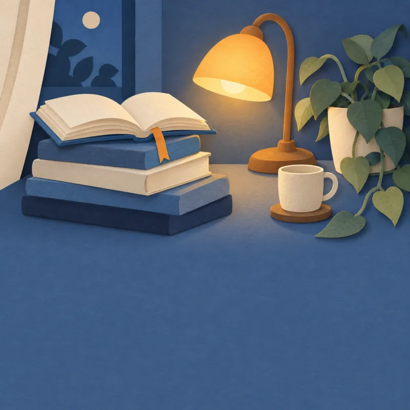 Paper-cut stack of books under a warm desk lamp, beside a trailing plant